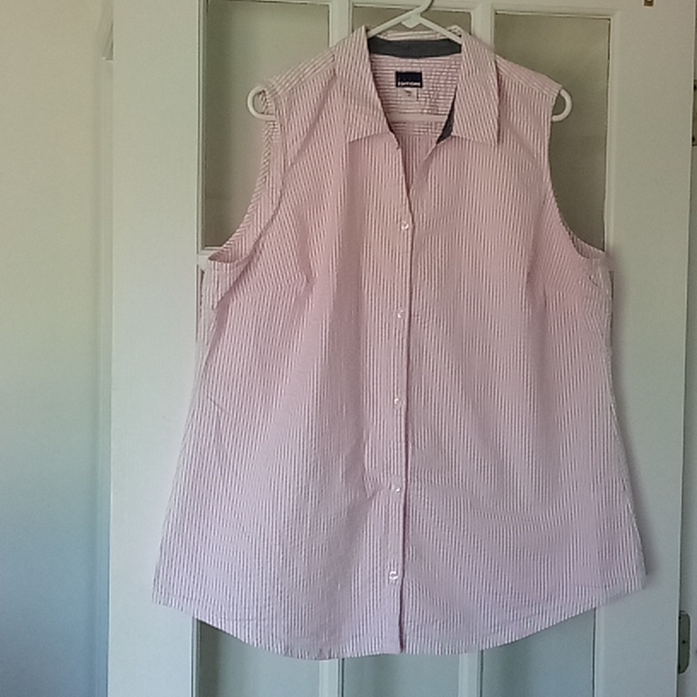 Seersucker pink/white stripe sleeveless Women's shirt by Basic Editions size XXL - Picture 2 of 4
